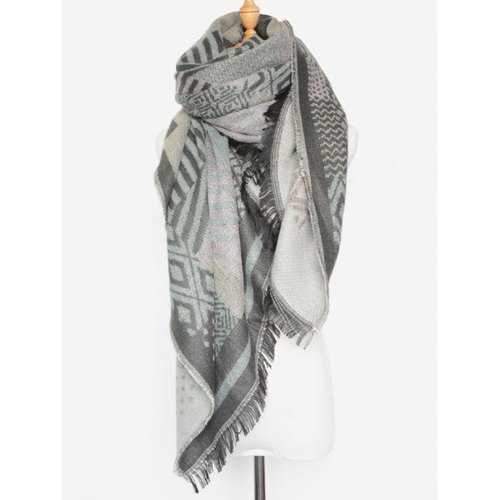 Winter Geometry Fringed Shawl Scarf - Light Gray