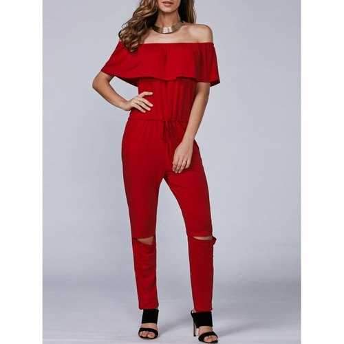 Casual Off-The-Shoulder Cut Out Jumpsuit - Red M