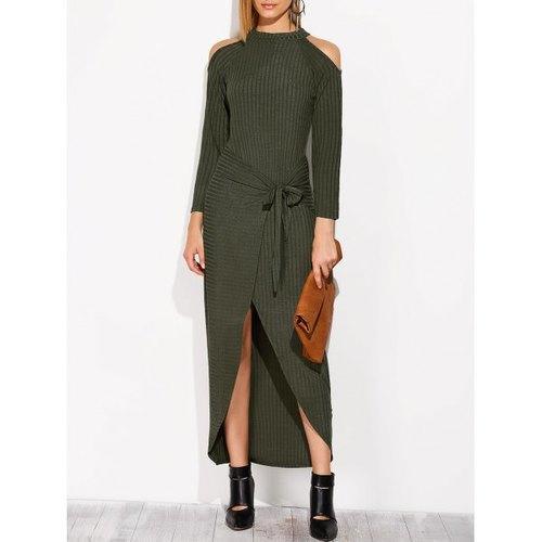 Cold Shoulder Asymmetric Knitted Maxi Jumper Dress - Blackish Green M