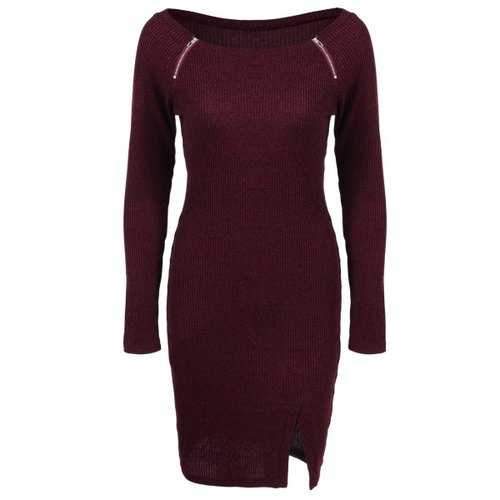 Zippers Embellished Ribbed Pencil Casual Dress Winter - Deep Red Xl