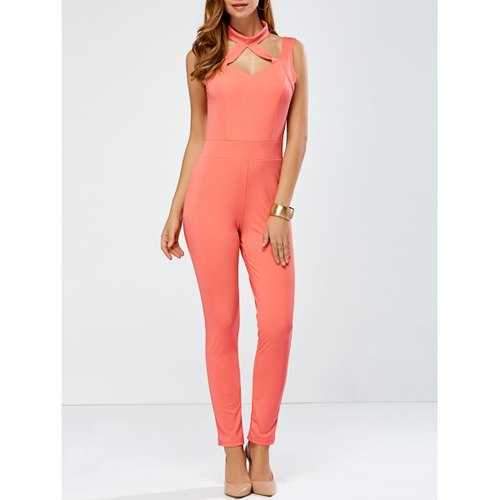 Skinny Leg Choker Jumpsuit - Orangepink L