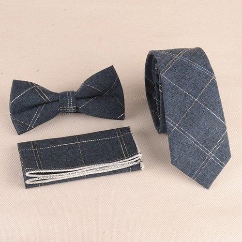 Gingham Pattern Tie Pocket Square and Bow Tie - Blue Gray