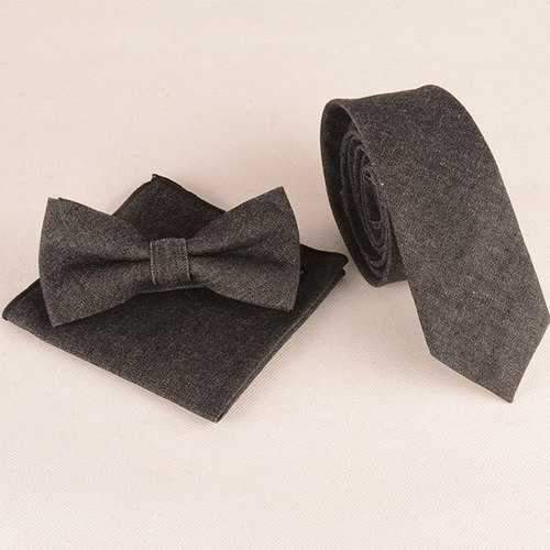 Denim Tie Pocket Square and Bow Tie - Black