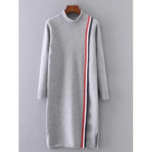 High Neck Slit Striped Sweater Dress - Gray One Size