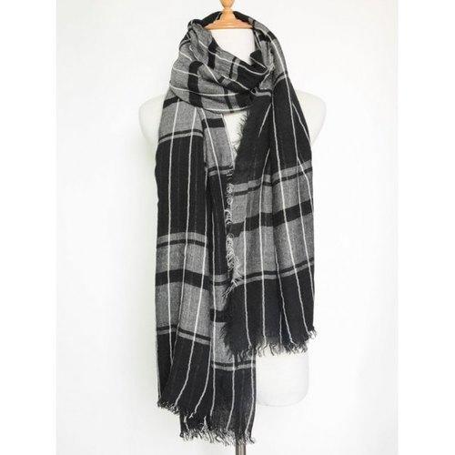 Casual Raw Edge Plaid Pattern Wrap Shawl Scarf - Black