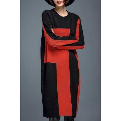 Color Block Knitted Oversized Dress - Orange Yellow Xl