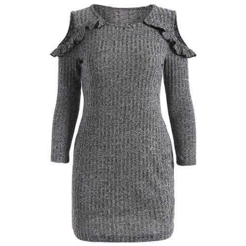 Cold Shoulder Ruffles Bodycon Sweater Dress - Gray L