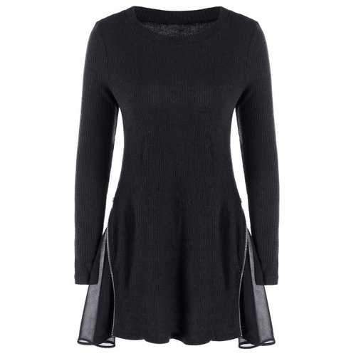 Side Zip Ribbed Long Sleeve Swing Dress - Black Xl