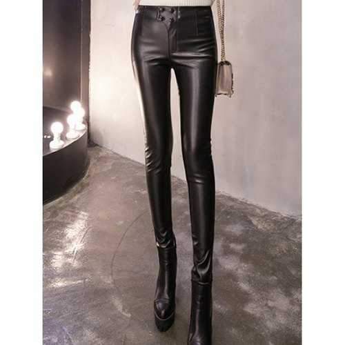 Fleece Buttoned PU Leather Pencil Pants - Black L