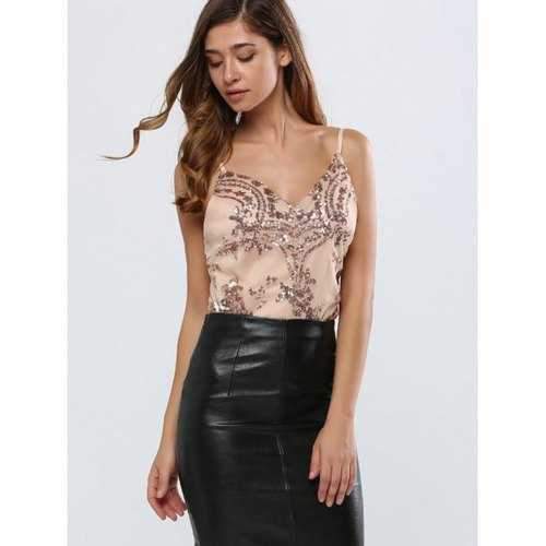 Spaghetti Strap Sequined Bodysuit - Pink S