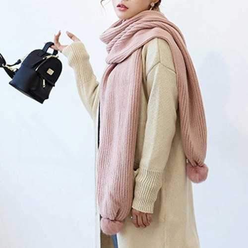 Winter Faux Fur Ball Knitted Long Scarf - Light Pink
