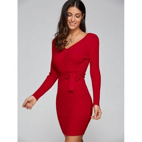 V Neck Knit Long Sleeve Surplice Business Dress - Red One Size