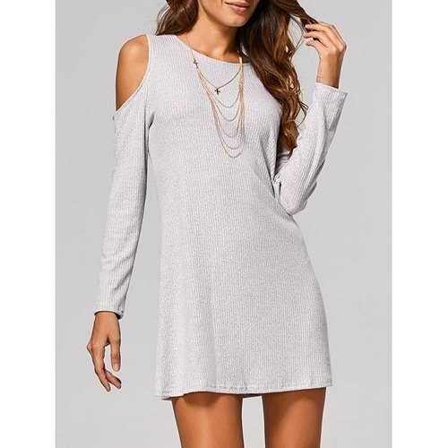 Cut Out Ribbed Casual Tunic Jumper Dress - Light Gray L