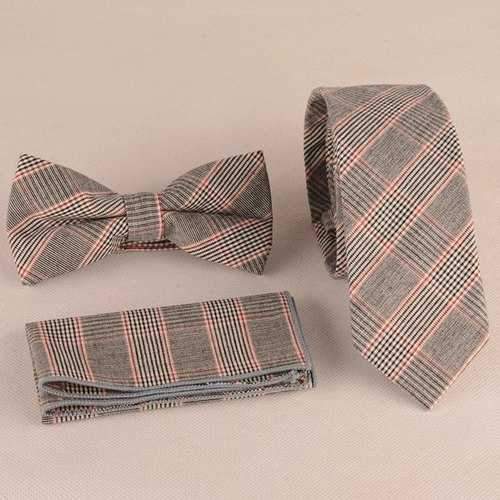 Plaid Print Tie Pocket Square and Bow Tie - Watermelon Red