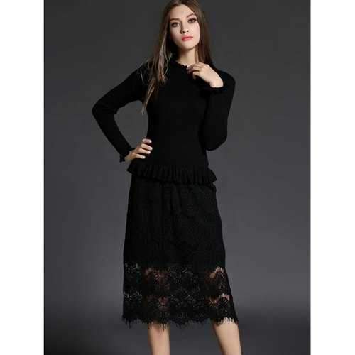 Ruffled Neck Lace Spliced Sheath Long Jumper Dress - Black Xl