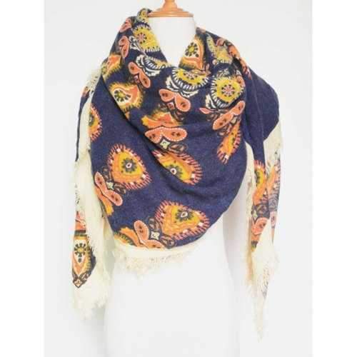 Vintage Floral Pattern Fringe Edge Square Scarf - Denim Blue