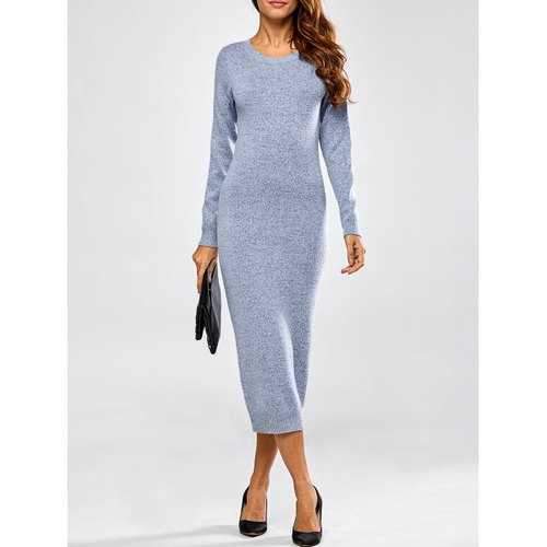 Cut Out Long Sleeve Fitted Midi Jumper Dress - Blue One Size