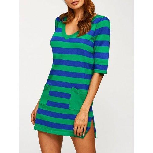 V Neck Pocket Striped Jumper Dress - Blue One Size