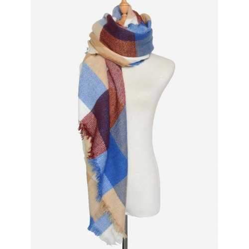Outdoor Big Plaid Pattern Fringed Square Scarf - Royal Blue