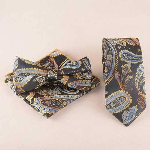 Casual Classic Cashews Pattern Tie Pocket Square Bow Tie - Black