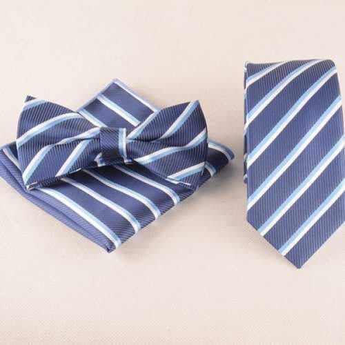 Classical Stripe Pattern Tie Pocket Square Bow Tie - Medium Blue