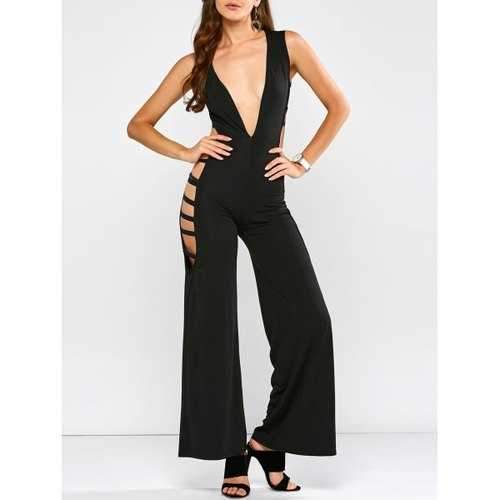 Sleeveless Plunge Cut Out Jumpsuit - Black Xl