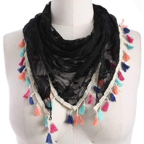 Travel Colorful Tassel Lace Triangle Scarf - Black