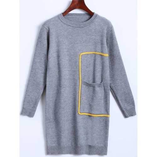 Long Sleeve Crew Neck Mini Sweater Dress - Gray One Size