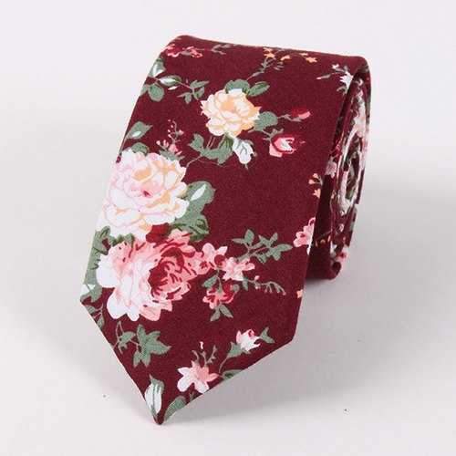 Vintage Floral Printed Cotton Neck Tie - Wine Red