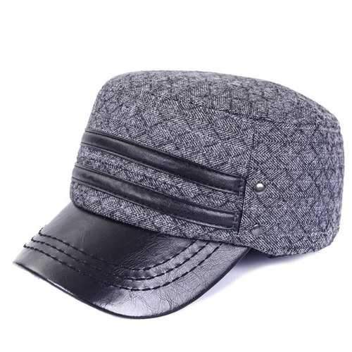 Outdoor Winter Double PU Leather Band Rhombus Ear Warmer Hat - Gray