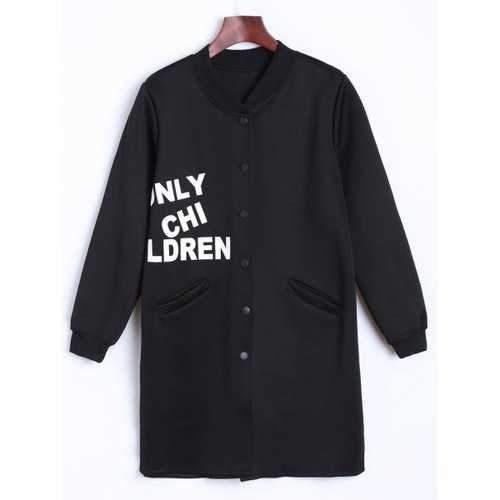 Letter Printed Long Bomber Coat - Black One Size