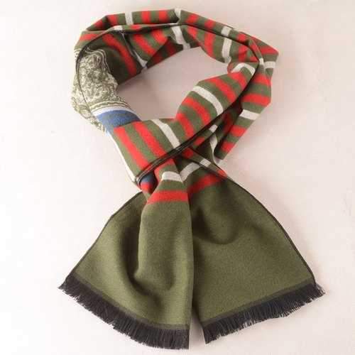 Winter Stripy Pattern Fringe Scarf - Olive Green