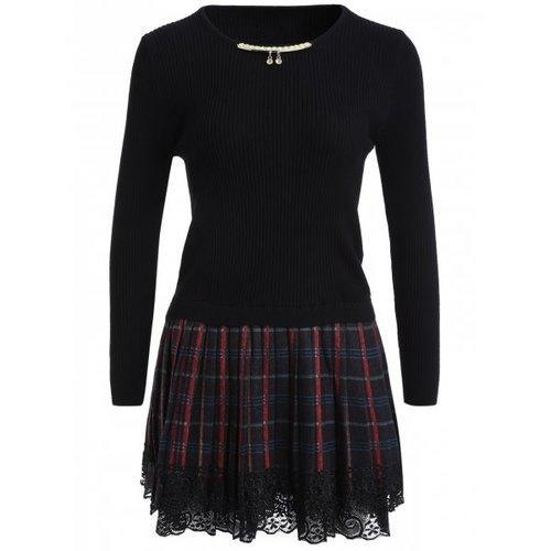 Chain Checked Layered Sweater Skater Dress - Black One Size