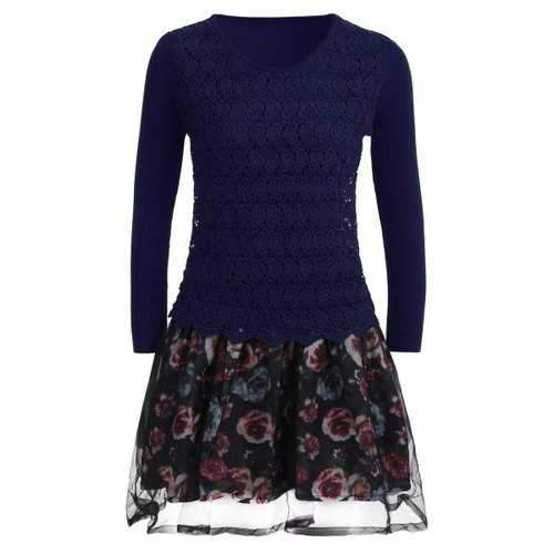 Organza Spliced Floral Layered Sweater Skater Dress - Blue One Size