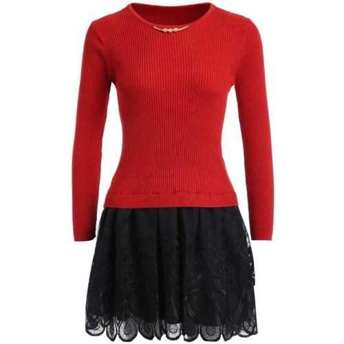 Mesh Spliced Slim Fit Knitted Dress - Red One Size