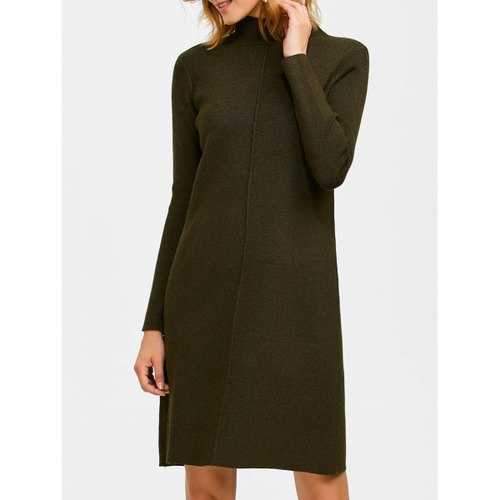 Knee Length Mock Neck Sweater Dress - Blackish Green One Size