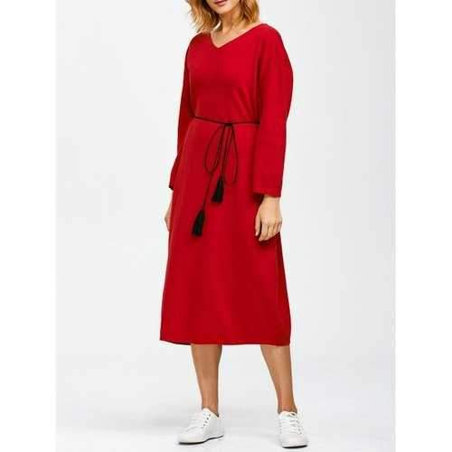 V Neck Shift Midi Jumper Dress - Red One Size