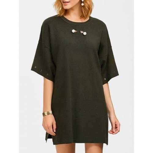 Crew Neck Straight Slouchy Jumper Dress - Blackish Green One Size
