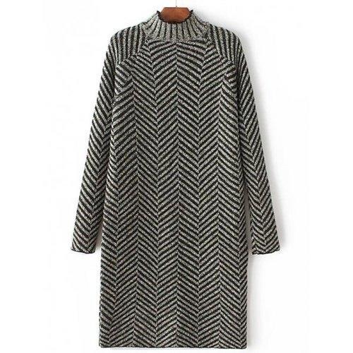 High Neck Stripe Heather Shift Sweater Dress - Deep Green One Size