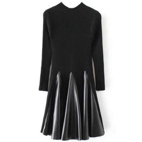Long Sleeve Ribbed Skater Sweater Dress - Black One Size