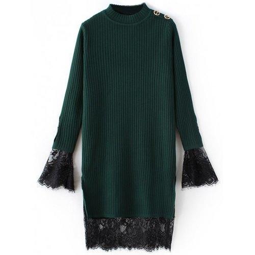 Lace Panel Ribbed Layered Sweater Dress - Green One Size