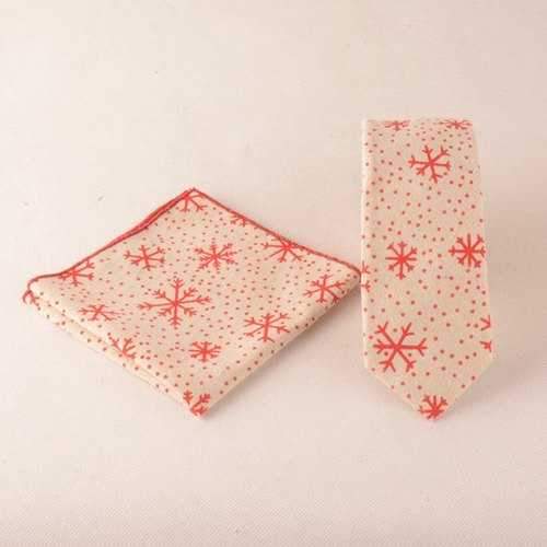 Snowflake Dot Pattern Christmas Square Pocket Tie Set - Beige