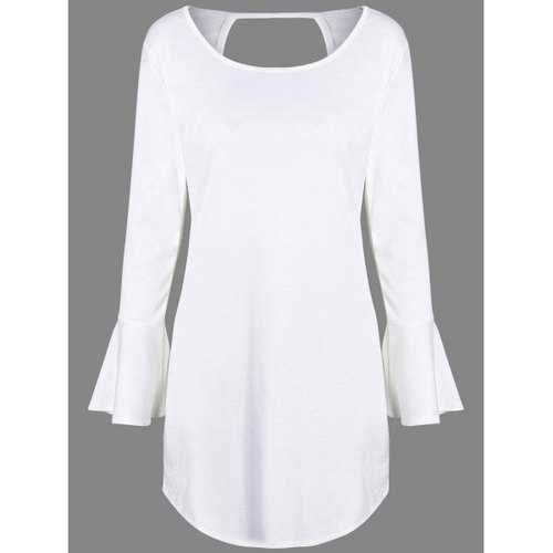 Flare Long Sleeve Backless Tunic Dress - White Xl