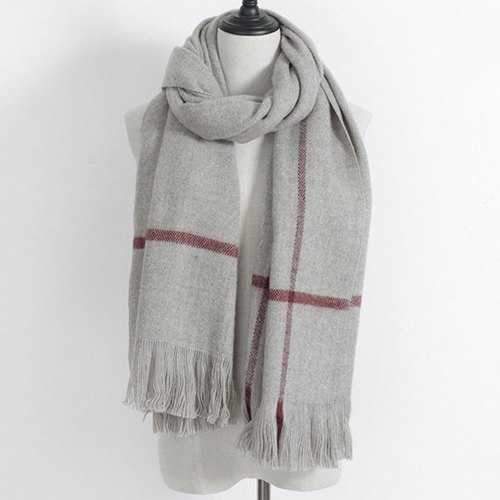 Plaid Print Fringe Winter Scarf - Light Gray