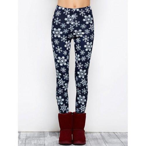 Snowflake Print Stretchy Christmas Leggings - Purplish Blue Xl