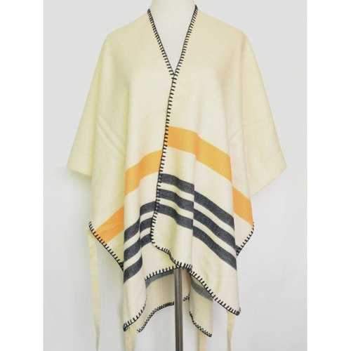 Open Front Striped Stitch Hemming Pashmina - Beige