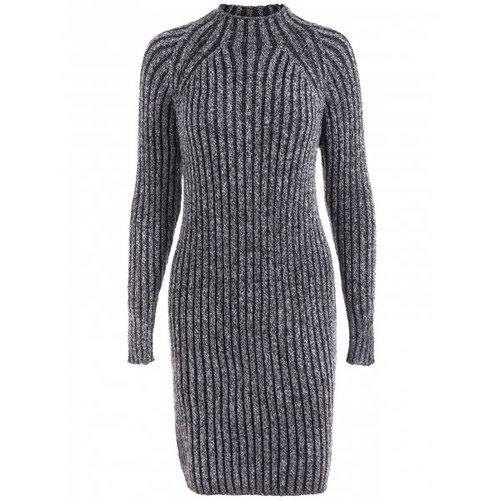 High Neck Long Sleeve Ribbed Fitted Jumper Dress - Black Grey One Size
