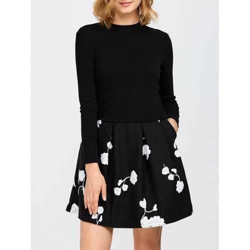 Long Sleeve Flower Knitted Mini Dress - Black S