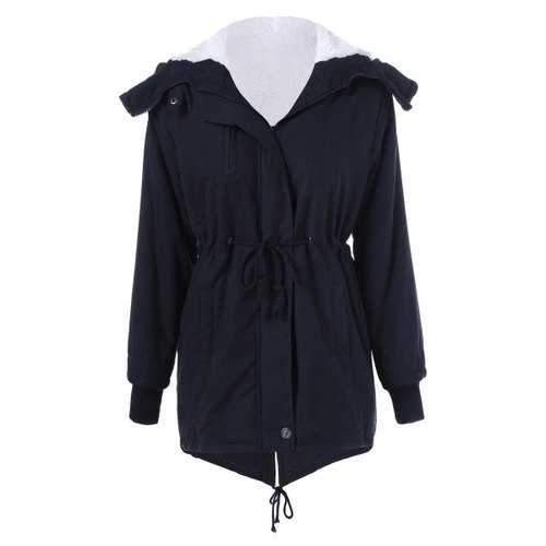 Pockets Hooded Drawstring Coat - Black M