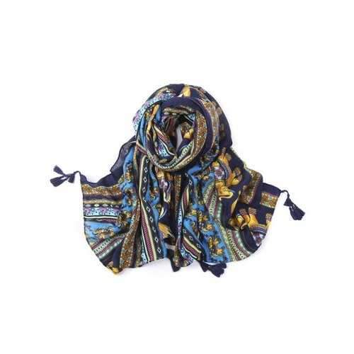 Ethnic Elephant Pattern Tassel Pendant Scarf - Blue